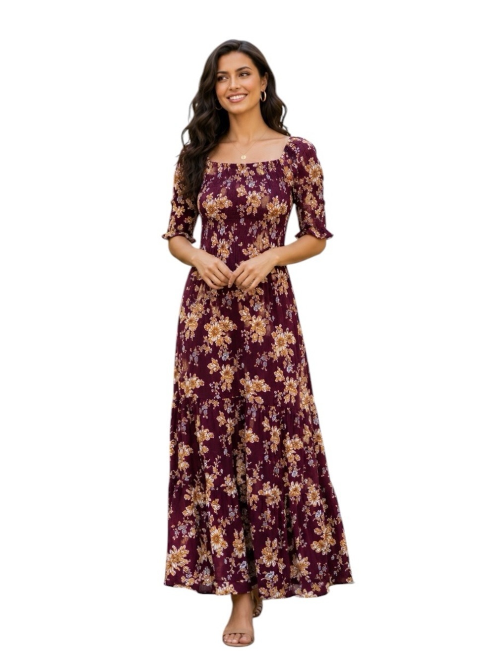Natural Life - Burgundy Floral Maxi DressBoho Smocked Rayon Midi Maxi Sz XS/S